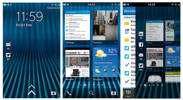 Left to right: the Z10's lock screen, app tiles and BlackBerry 10's Peek feature