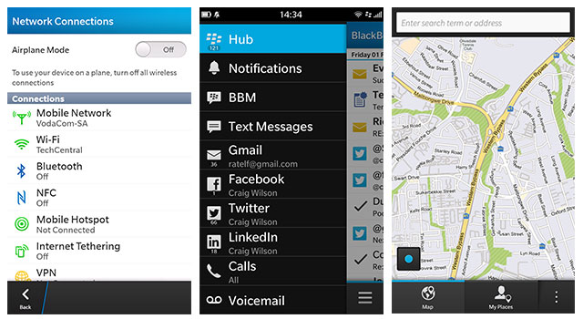 Left to right: BlackBerry 10's network connections, the new BlackBerry Hub and the Maps app
