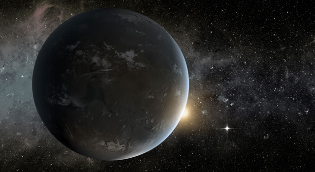 This artist's concept depicts in the foreground planet Kepler-62f, a super-Earth-size planet in the habitable zone of its star which is seen peeking out from behind the right edge of the planet. The small shining object farther to the right is Kepler-62e which orbits on the inner edge of the habitable zone of the star, and is roughly 60% larger than Earth. Kepler-62f is Nasa's Kepler mission's smallest habitable zone planet, but its star, located about 1 200 light years from Earth in the constellation Lyra, is smaller, cooler, and older than the Sun. Kepler-62f orbits every 267 days and is roughly 40% larger than Earth in size.  Credit: Nasa/Ames/JPL-Caltech