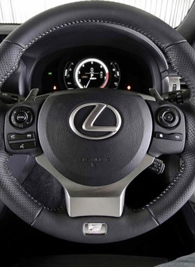 The view ... the Lexus IS350 F-Sport's steering wheel