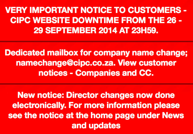 The message greeting visitors to the CIPC website on Monday