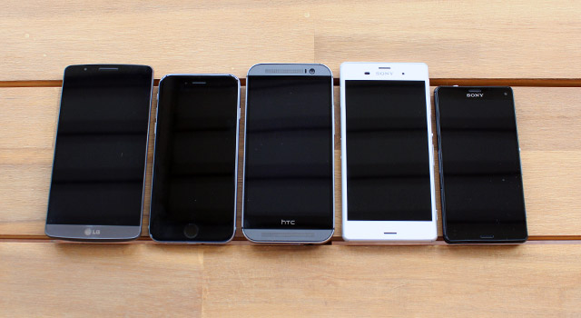Size counts: from left to right, the LG G3, the iPhone 6, the HTC One (M8), the Sony Xperia Z3 and the Sony Xperia Z3 Compact