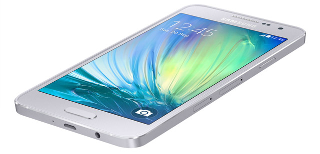 The Samsung Galaxy A3 in silver. Both the A3 and the A5 come in silver, gold and white