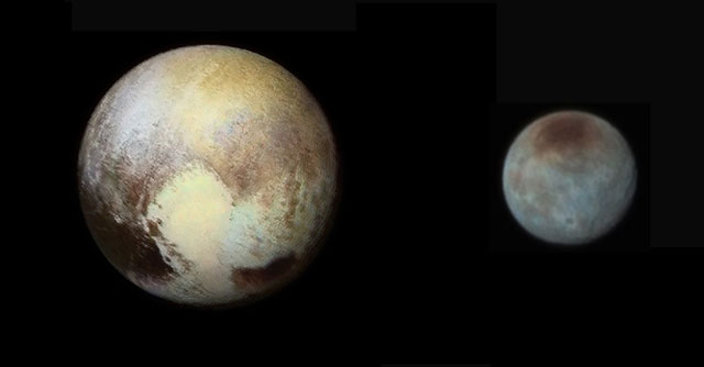 Pluto, left, and Charon in slightly exaggerated colour. adapted from multiple datasets. Image: Nasa