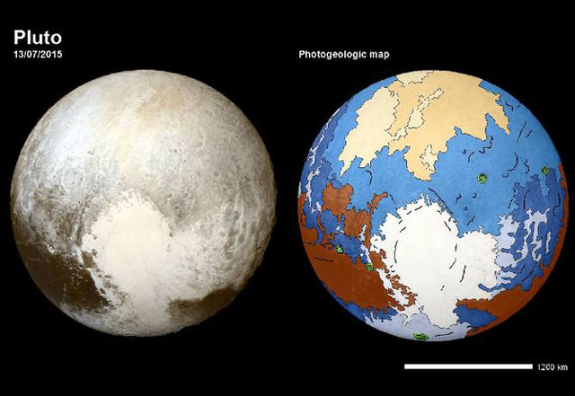 A preliminary map of terrain units on Pluto, right, based on the image on the left (image: Peter Fawden, Open University)