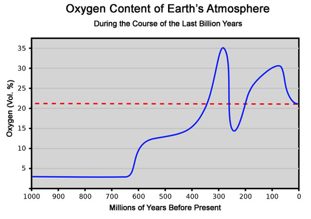  The concentration of oxygen in the Earth’s atmosphere over the last billion years. As a reference, the dashed red line shows the present concentration of 21%. Wikimedia 