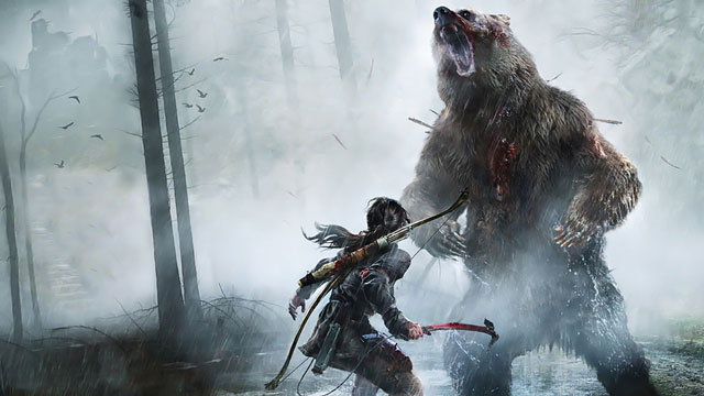 Lara Croft squares up to a bear in the Rise of the Tomb Raider