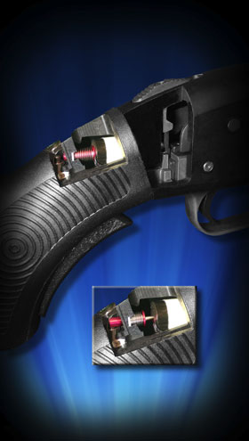 The iGun’s RFID-type system is locked in the upper photo. In the inset, a user’s tag (in the form of a ring) is close enough and the weapon is ready to fire, with the firing mechanism no longer blocked
