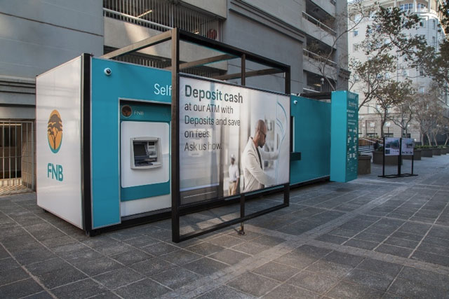 A mobile banking unit outside FNB's head office in Johannesburg