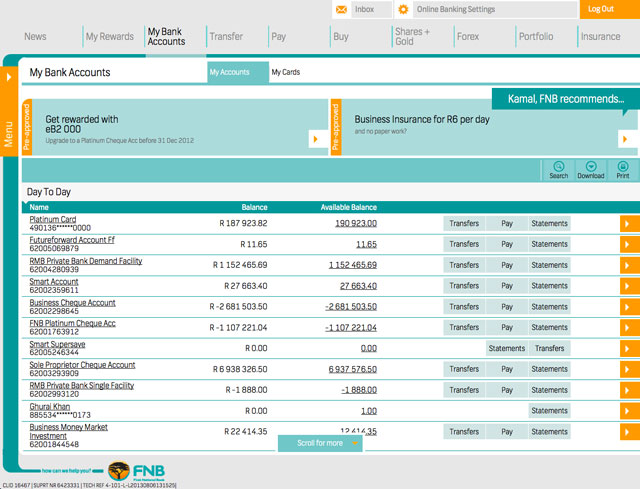 A screenshot of FNB's new online banking website