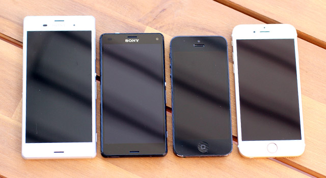 Sizing them up: Sony Xperia Z3, Sony Xperia Z3 Compact, Apple iPhone 5, Apple iPhone 6