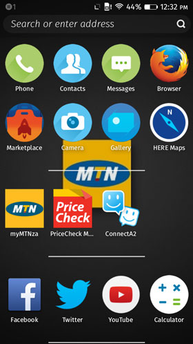 The default home screen of the MTN-supplied Alcatel One Touch Fire E