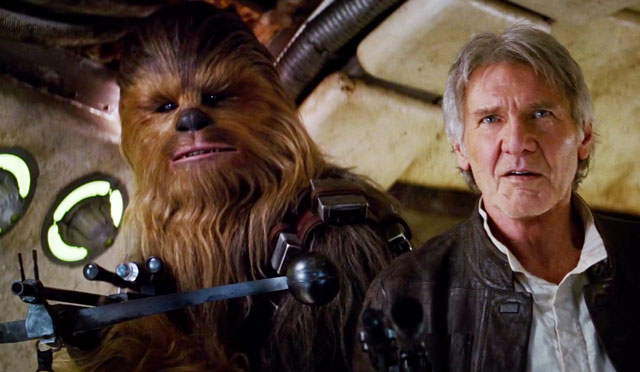 A sort of homecoming … Han Solo and Chewbacca in The Force Awakens