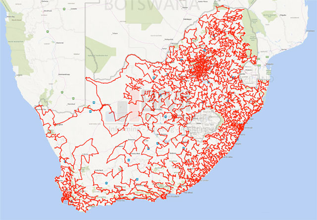 Extent of fibre footprint required to provide 4G/LTE to public facilities and the population at large in South Africa. Image: BMI-T