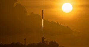 Starlink satellites being blasted into space aboard a SpaceX Falcon 9 rocket in a file photograph