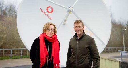 Vodacom parent makes world’s first satellite video call using a standard smartphone Vodacom parent makes world's first satellite video call using standard smartphone - Vodafone Group CEO Margherita Della Valle, left, with astronaut Tim Peake