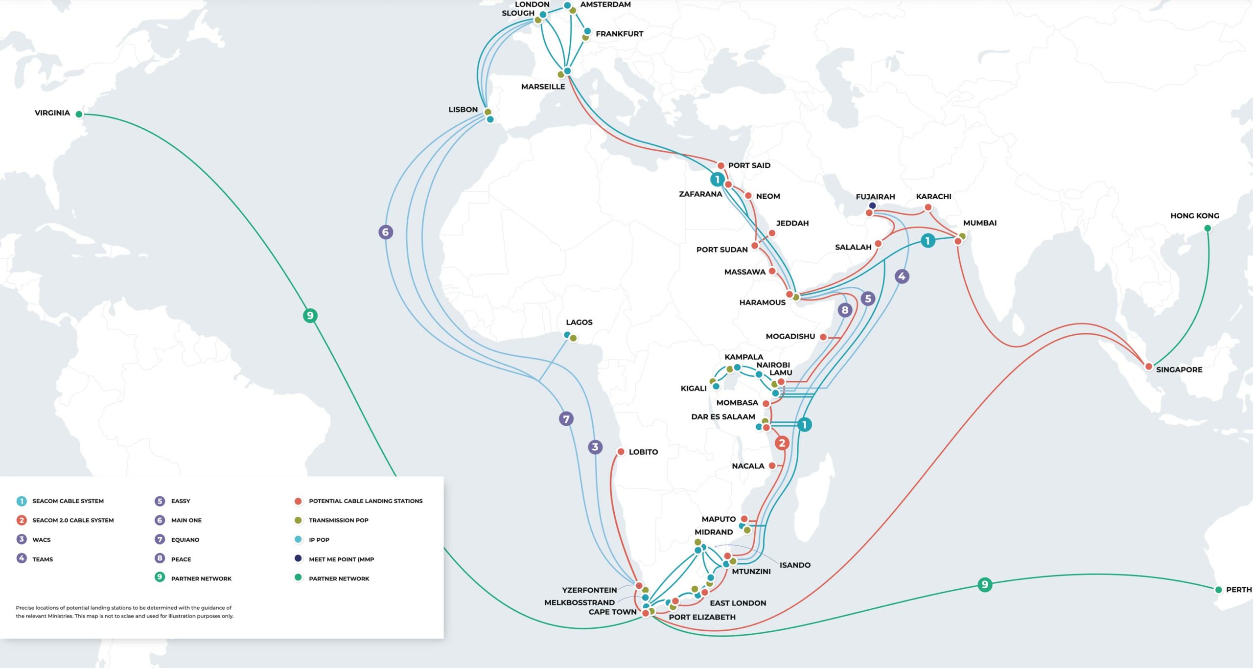 Seacom 2.0's planned routing, in red. Click the image for a larger version. Source: Seacom