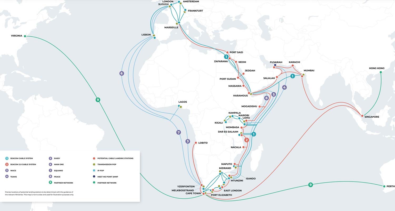 Map showing Seacom 2.0's planned routing