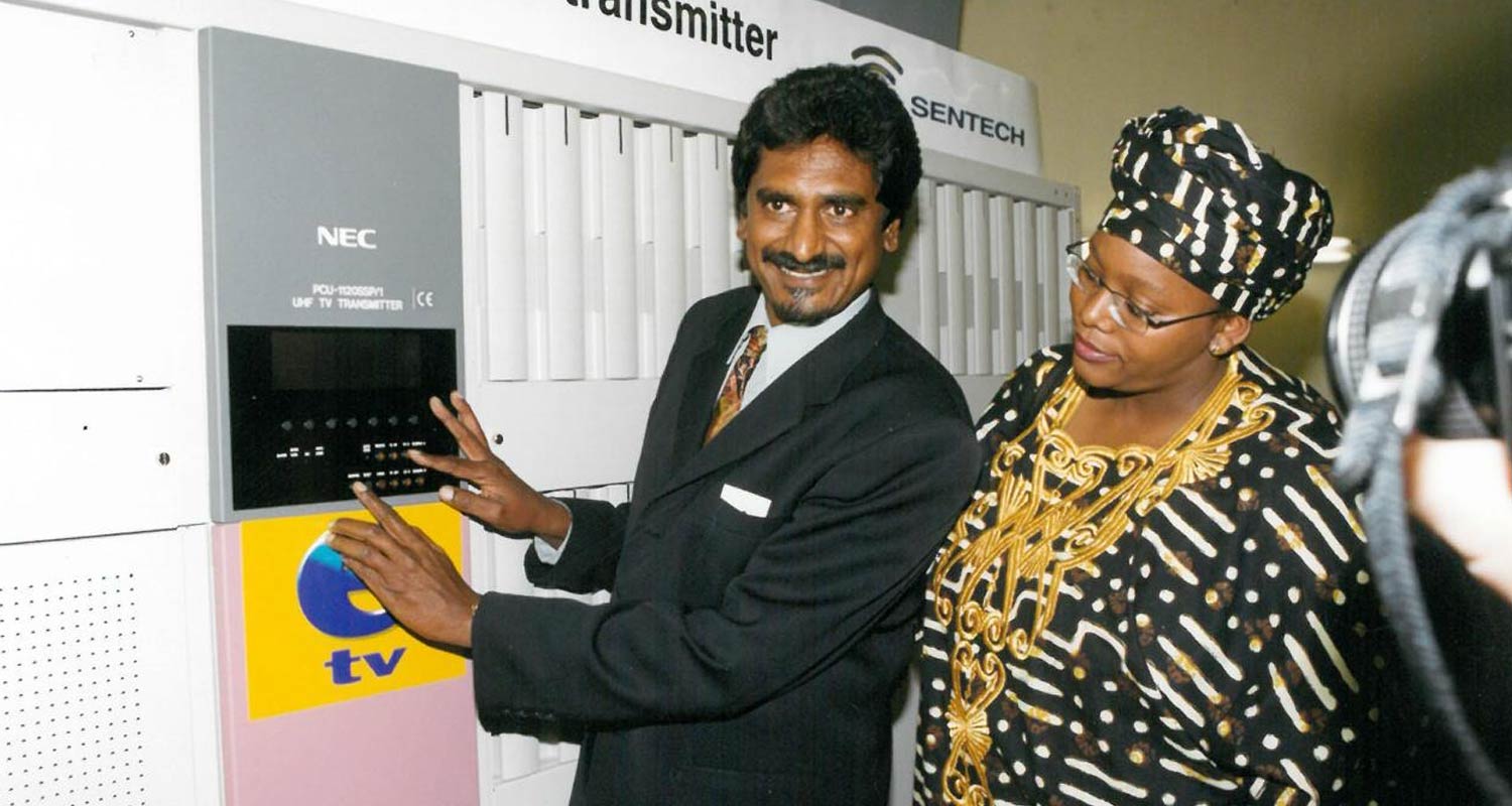 Jay Naidoo, the minister of posts & telecommunications, in the Mandela administration at the launch of e.tv's transmissions
