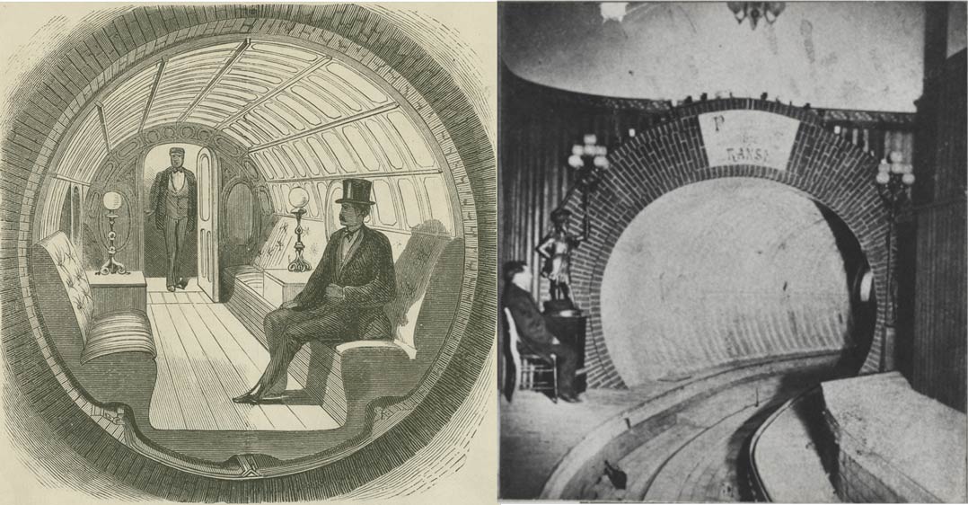 A cutaway drawing of the Beach Pneumatic Railway, and a photograph of its tunnel entrance, circa 1870. Images: Museum of the City of New York