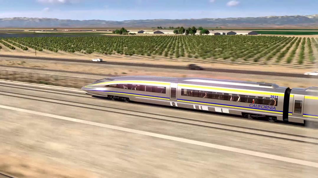 An artist’s impression of a high-speed train speeding along California’s Central Valley. Trainsets have yet to be acquired, so this is purely illustrative. Image: California High-Speed Rail Authority, public domain