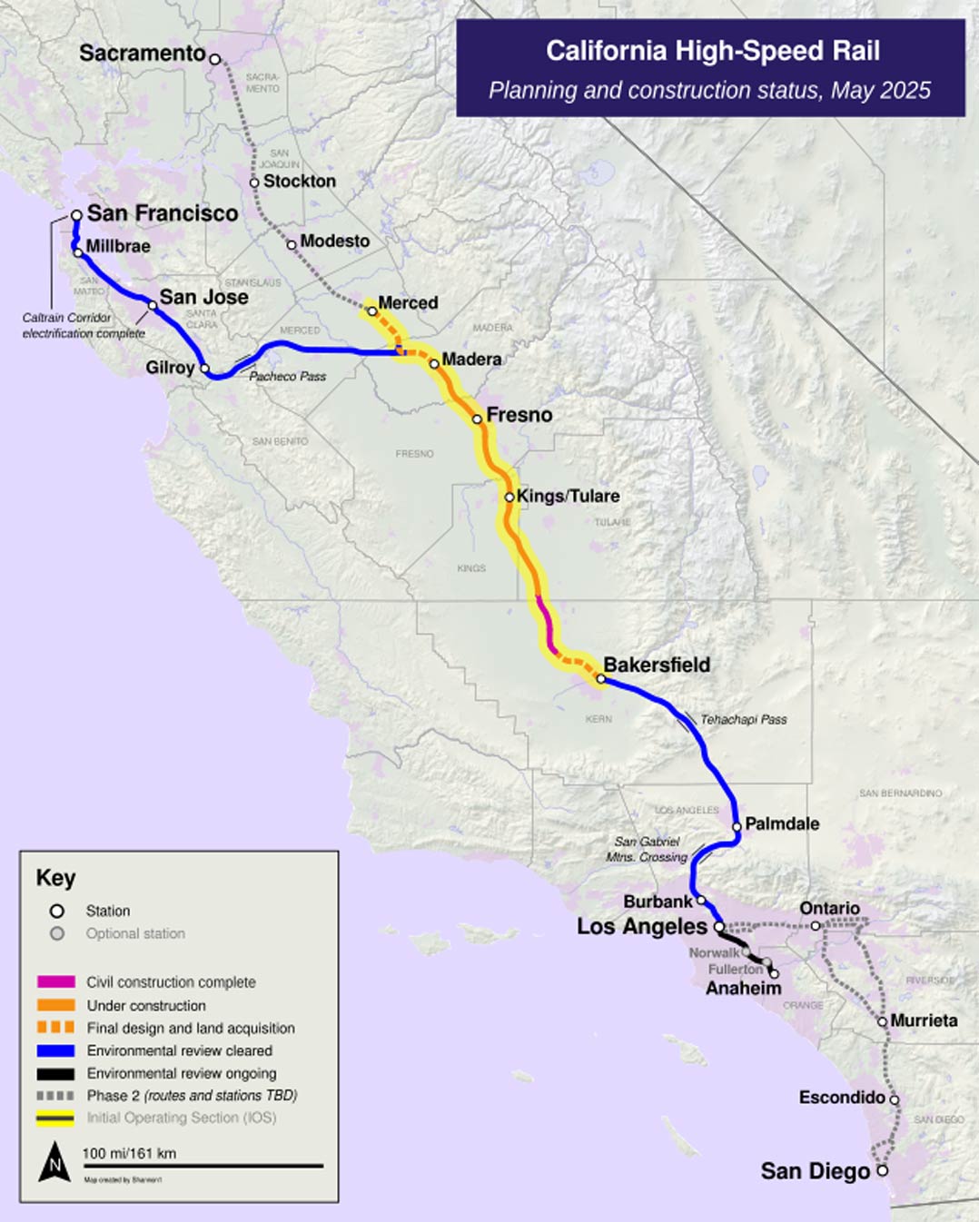 A map indicating the progress, or lack thereof, of California’s high-speed rail project that may one day connect Los Angeles, Sacramento and San Francisco. Image: California High-Speed Rail Authority, public domain