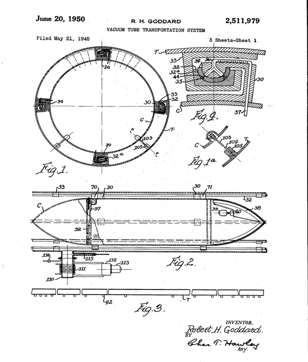 A patent granted in 1950 to rocket pioneer Robert Goddard for a vacuum tube passenger transit system. Image: US Patent Office