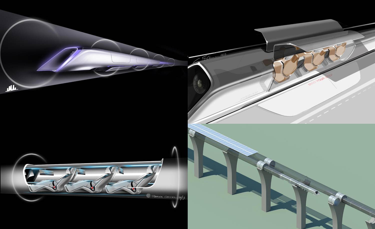 Renders of Hyperloop tubes and passenger capsules included in Musk’s white paper. Image: Hyperloop Alpha, by Elon Musk, 22 August 2013, pages 14, 16 and 26
