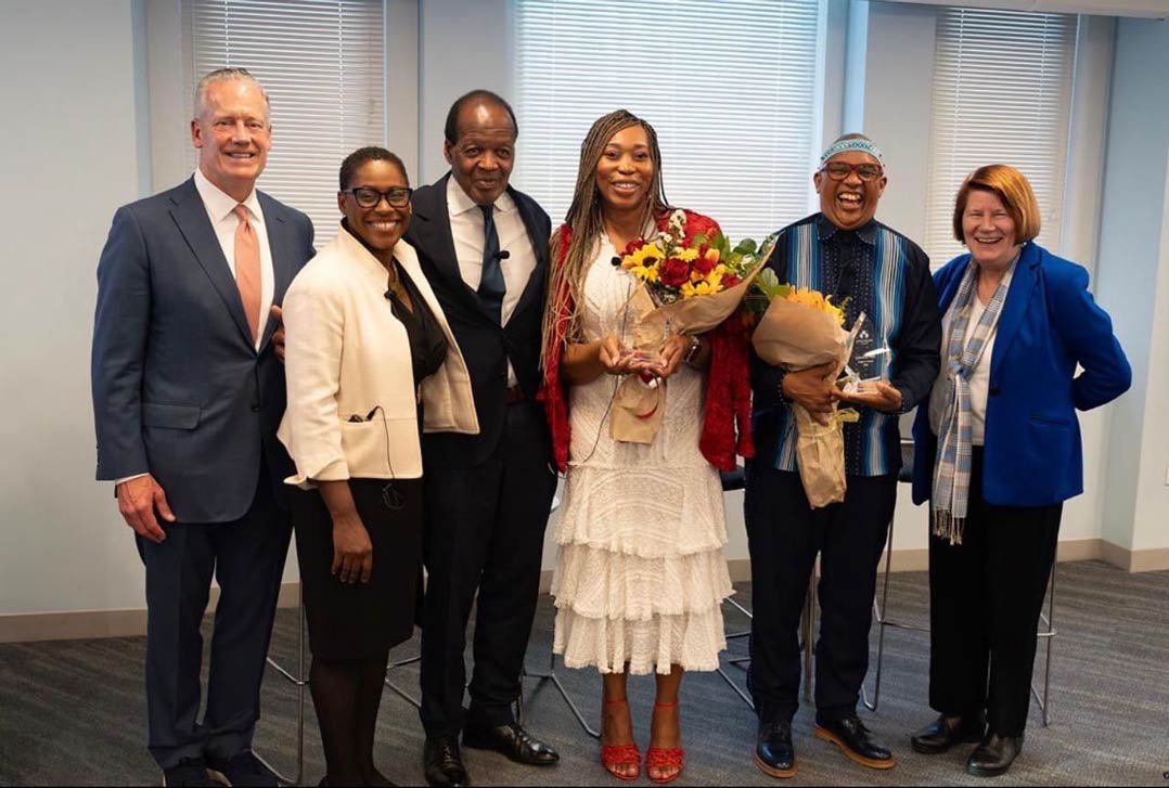 From left, Tom O’Brien, chair, foundation committee, Urban College of Boston; Dr Yves Salomon-Fernández, president, Urban College of Boston; Dr Lee Pelton, president and CEO, The Boston Foundation; Denella J Clark, president and CEO of the Boston Arts Academy Foundation; Lincoln Mali, CEO, Lesaka Technologies; and Joan Becker, chair, board of trustees, Urban College of Boston