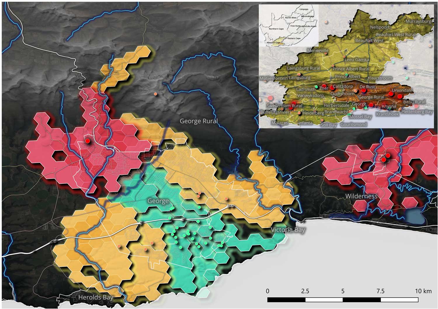 A road network connectivity analysis prepared by AfriGIS, showing which informal settlements are hardest to reach when a river floods