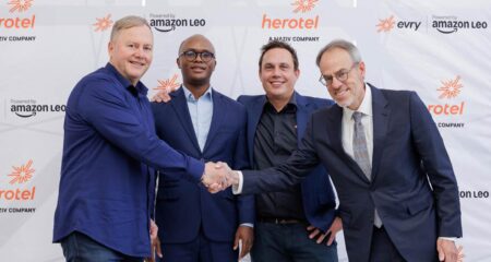 Amazon Leo all set for South African launch - From left, Maziv CEO Dietlof Mare, communications minister Solly Malatsi, Herotel CEO Van Zyl Botha and Amazon's David Zapolsky