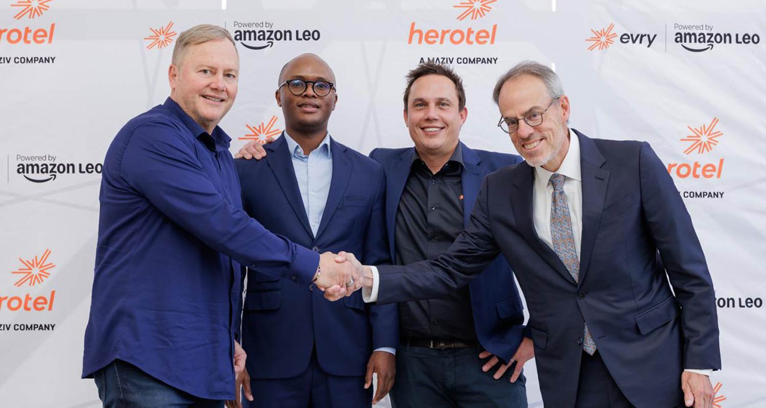 Amazon Leo all set for South African launch - From left, Maziv CEO Dietlof Mare, communications minister Solly Malatsi, Herotel CEO Van Zyl Botha and Amazon's David Zapolsky