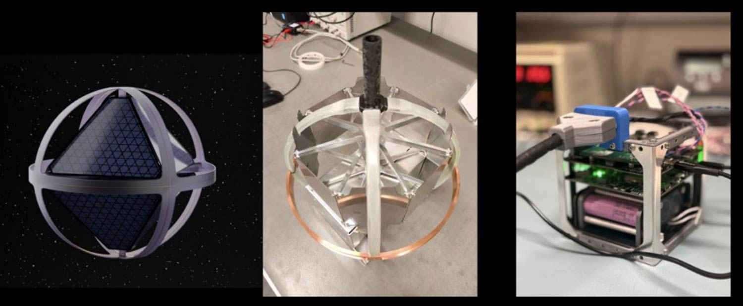 Africa2Moon Bounced African Low Lunar Spheres (Balls) antenna element. Left: a computer-generated simplified representation of one of the Balls, including three concentric orthogonal loop antennas, eight solar panels and a contained electronics box. Centre and right: The structural and electrical functional test models