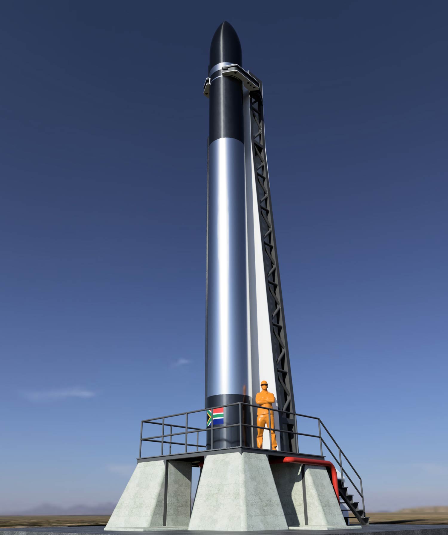Concept art for the proposed Saffire-powered South African Commercial Launch Vehicle (CLV) capable of lifting 200kg into polar orbit from the Overberg Test Range