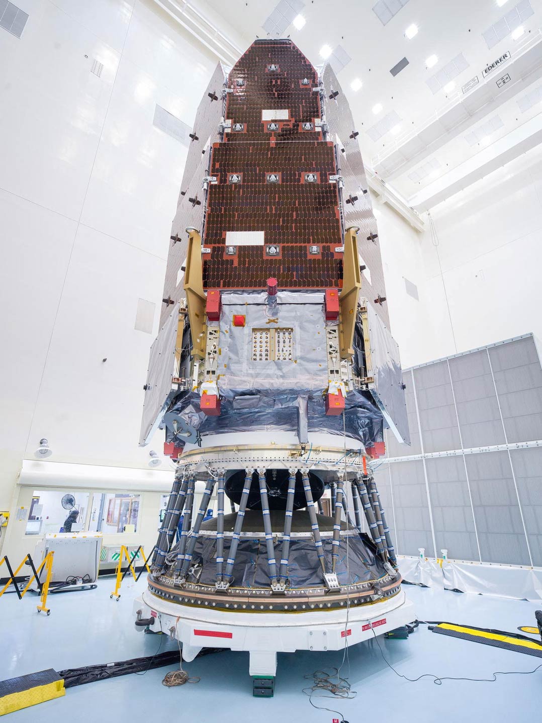 Nasa's Nancy Grace Roman Space Telescope stands after engineers and technicians working inside the Payload Hazardous Servicing Facility mated the observatory to its payload adapter and a strut payload attach fitting, a specialised piece of hardware designed for large, heavy loads. Jolearra Tshiteya/Nasa
