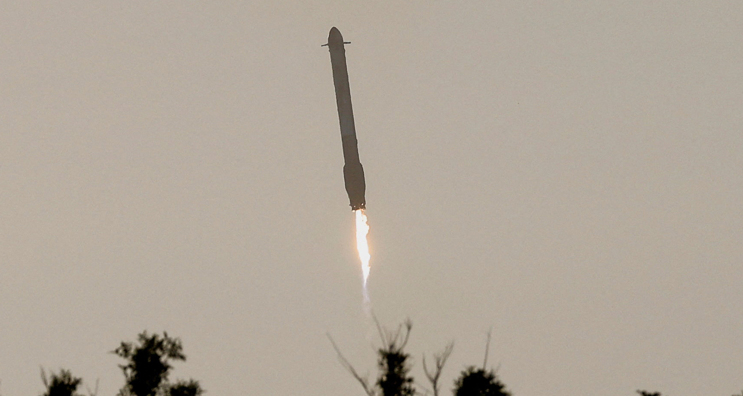 One of two boosters returns to Earth after the launch of a SpaceX Falcon Heavy rocket carrying the Nancy Grace Roman Space Telescope. Joe Skipper/Reuters