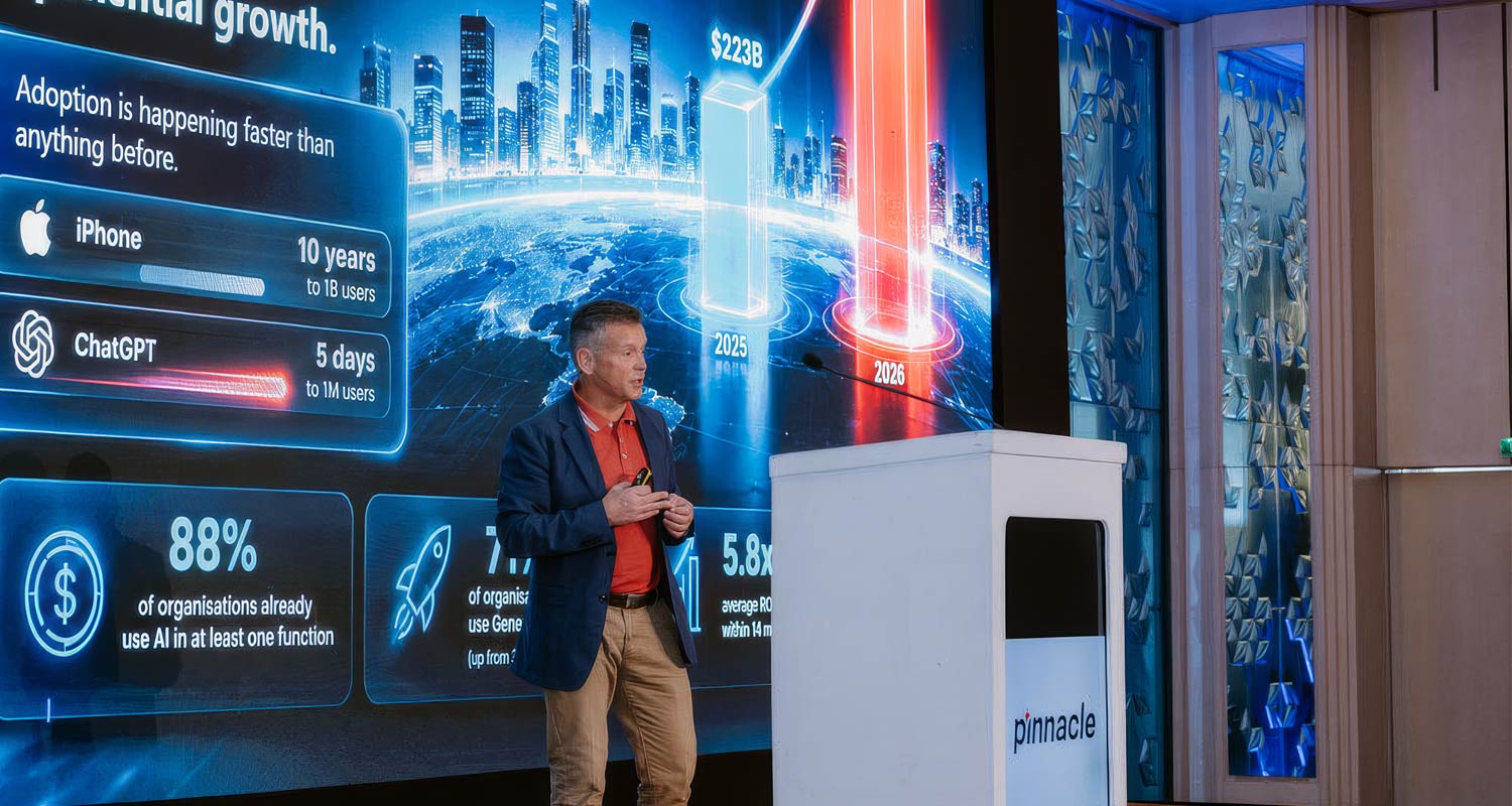Pinnacle CEO Tim Humphreys-Davies delivering a keynote at Pinnacle TechScape 2026