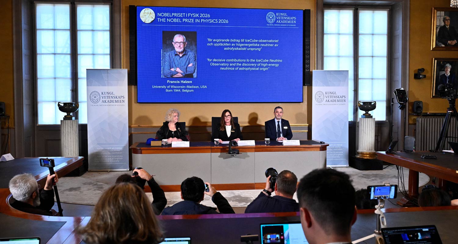 Eva Olsson, Ellen Moons and Mark Pearce sit as they announce Francis Halzen as the recipient of the 2026 Nobel Prize in Physics during a press conference at the Royal Swedish Academy of Sciences in Stockholm, Sweden on 6 October 2026. Christine Olsson/TT News Ageny/Reuters
